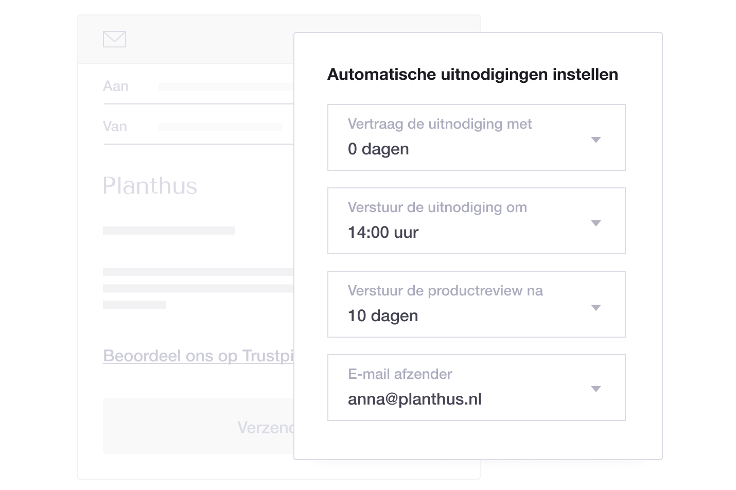 Product illustration of Trustpilot's Automatic Feedback Service feature, including automatic invitation settings NL - Review Invitations-min
