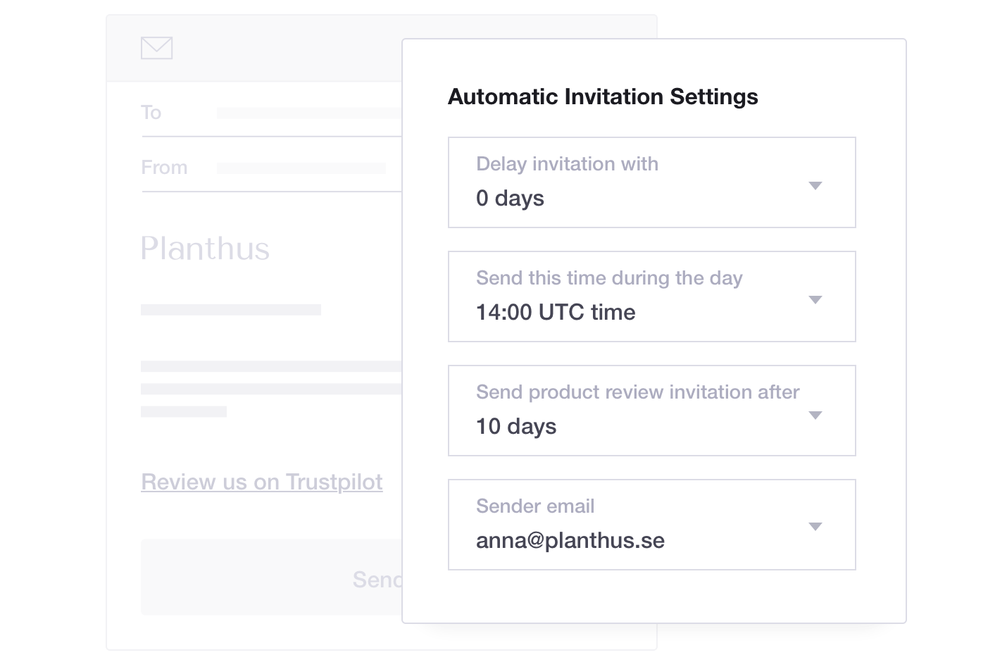 Product illustration of Trustpilot's Automatic Feedback Service feature, including automatic invitation settings Trustpilot Automatic Invitation Settings - Planthus