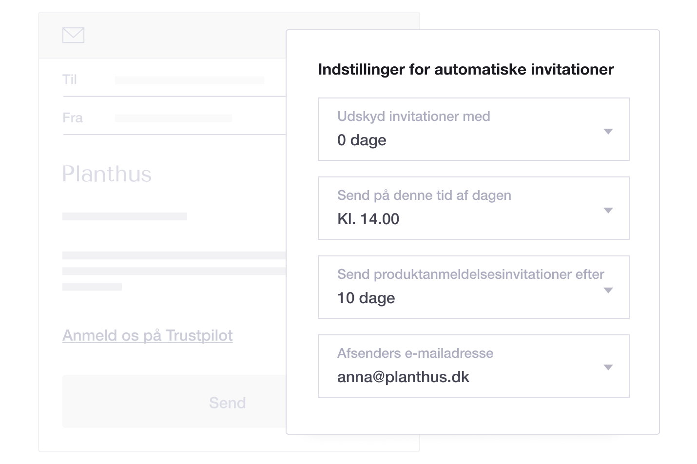 Product illustration of Trustpilot's Automatic Feedback Service feature, including automatic invitation settings DK - Review Invitations-min