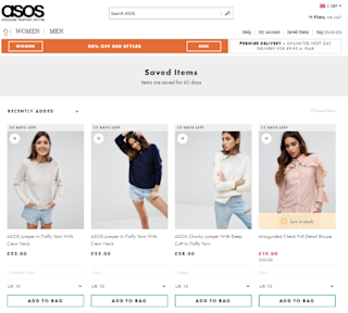 ASOS permette ai visitatori di salvare gli articoli nei loro carrelli e di tornarci in un momento successivo Asos, carrello, abbandono del carrello