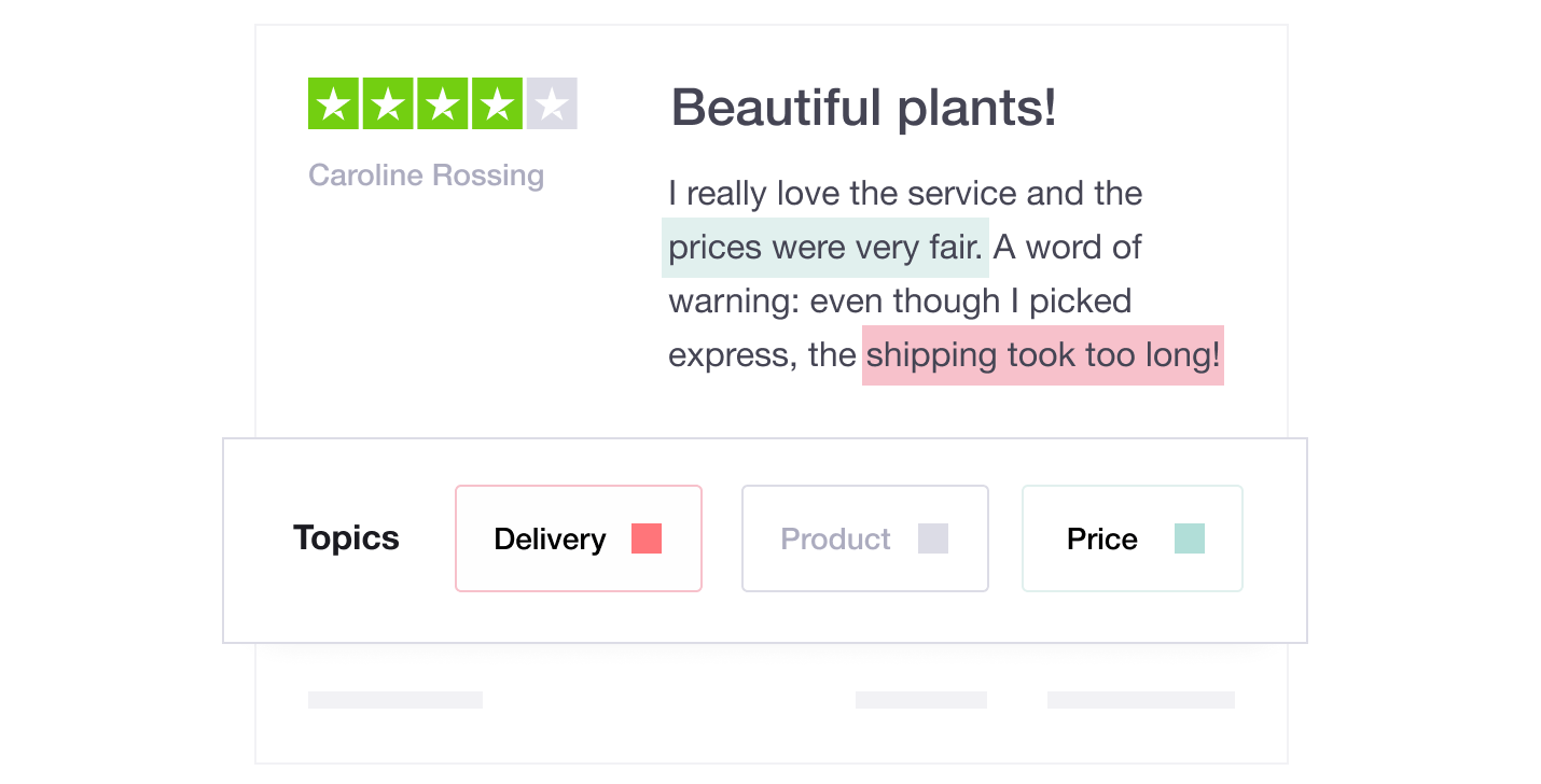 Illustration showing a Trustpilot review with the insights feature underneath Trustpilot Insights feature