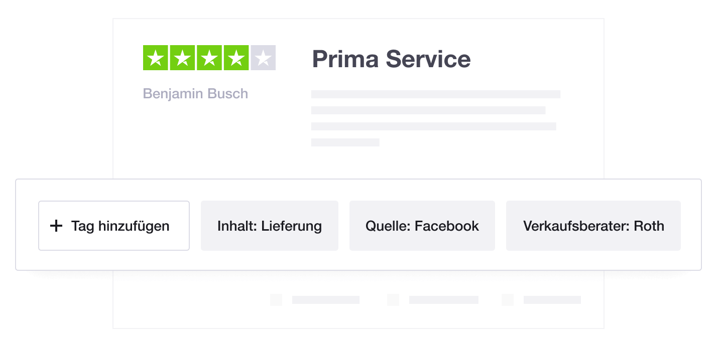 Illustration showing Trustpilot's Review Tagging and Pre-tagging feature DE - Tagging and pre-tagging