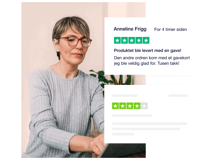 Photo of a woman with glasses in a grey sweater. Trustpilot reviews in foreground. NO - See your brand from your customers - desktop
