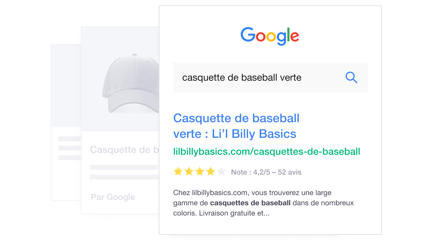 Product illustration of Trustpilot product review ratings listed in a Google search for a product FR - Be discovered in more search results-min
