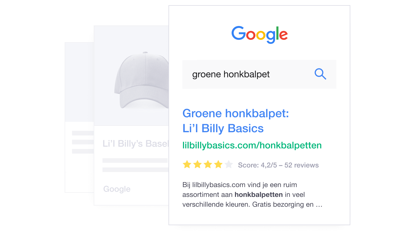 Product illustration of Trustpilot product review ratings listed in a Google search for a product NL - Be discovered in more search results-min
