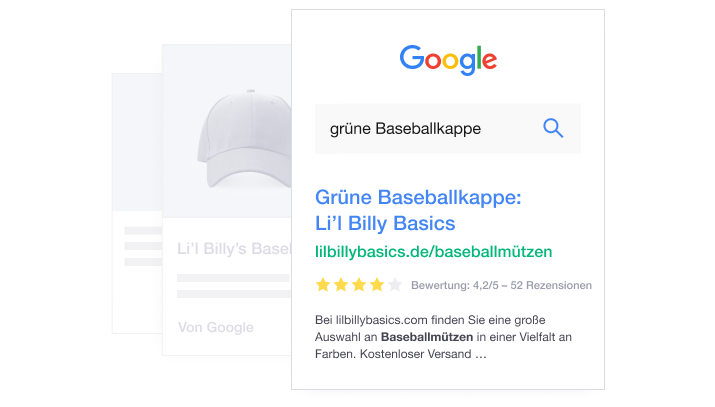 Product illustration of Trustpilot product review ratings listed in a Google search for a product DE - Be discovered in more search results-min