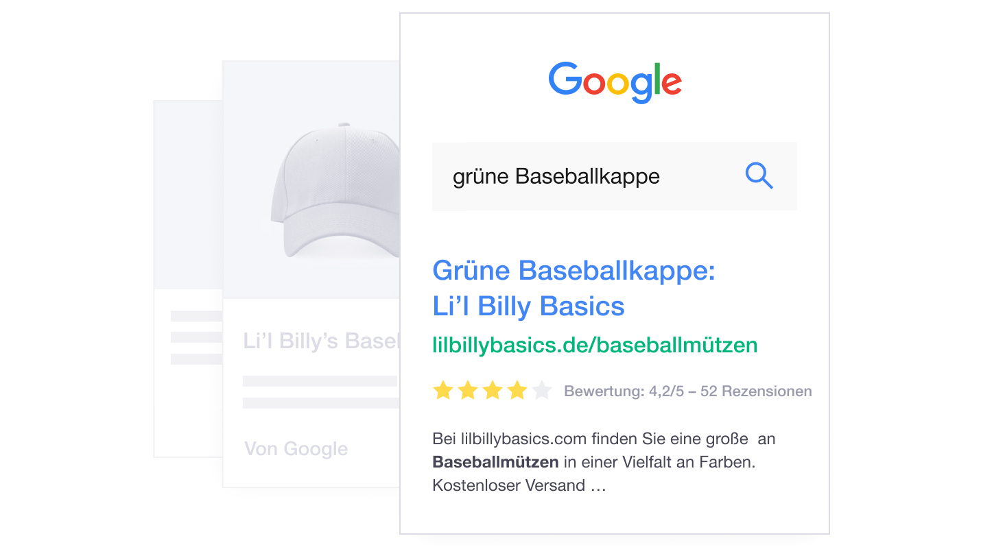 Product illustration of Trustpilot product review ratings listed in a Google search for a product DE - Be discovered in more search results-min