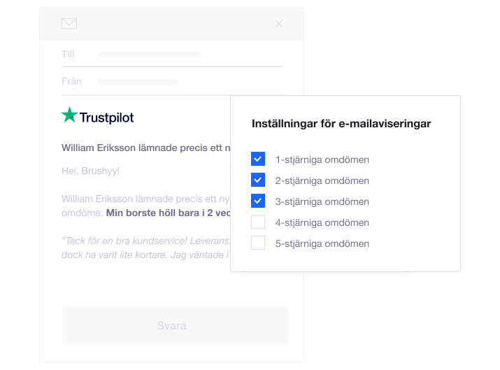 Product illustration of Trustpilot's review notification settings allowing companies to respond to particular consumer reviews instantly SE - Reply in real time