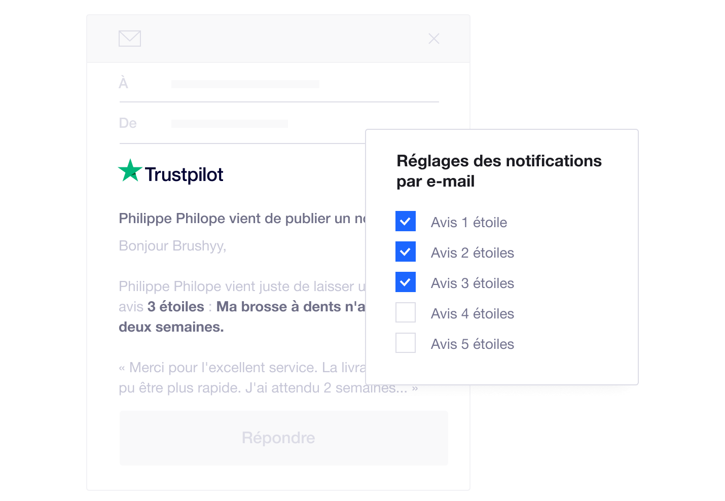 Product illustration of Trustpilot's review notification settings allowing companies to respond to particular consumer reviews instantly FR - Reply in real time