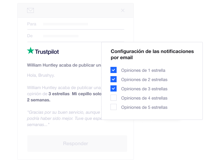 Product illustration of Trustpilot's review notification settings allowing companies to respond to particular consumer reviews instantly ES - Reply in real time