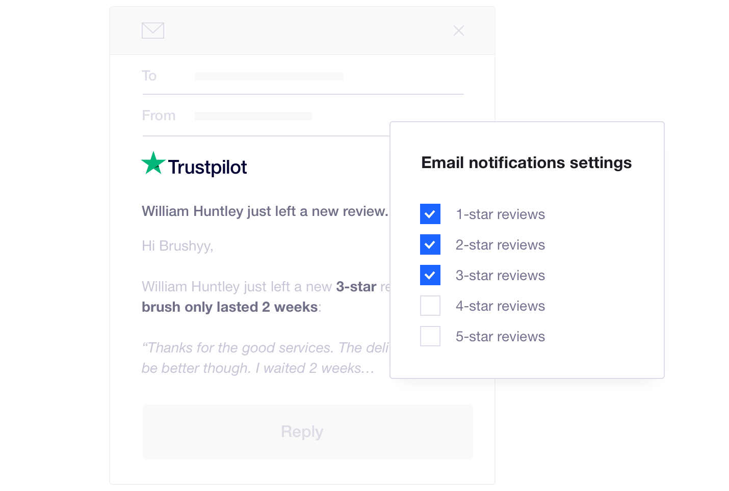 Product illustration of Trustpilot's review notification settings allowing companies to respond to particular consumer reviews instantly Trustpilot's instant review response