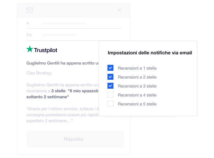Product illustration of Trustpilot's review notification settings allowing companies to respond to particular consumer reviews instantly IT - Reply in real time
