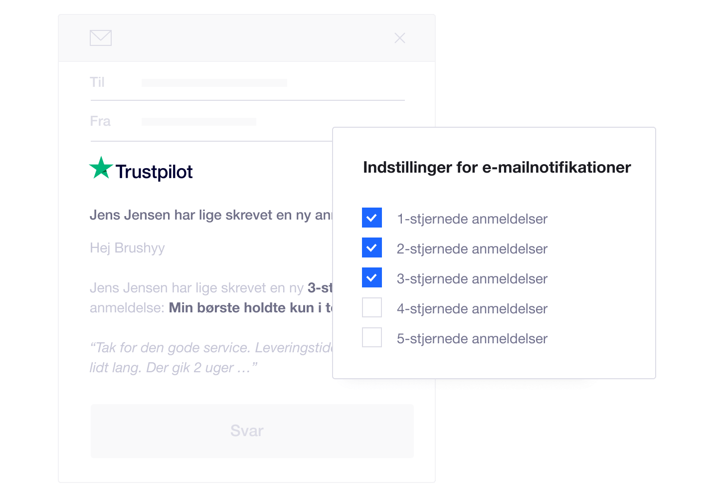 Product illustration of Trustpilot's review notification settings allowing companies to respond to particular consumer reviews instantly DK - Reply in real time