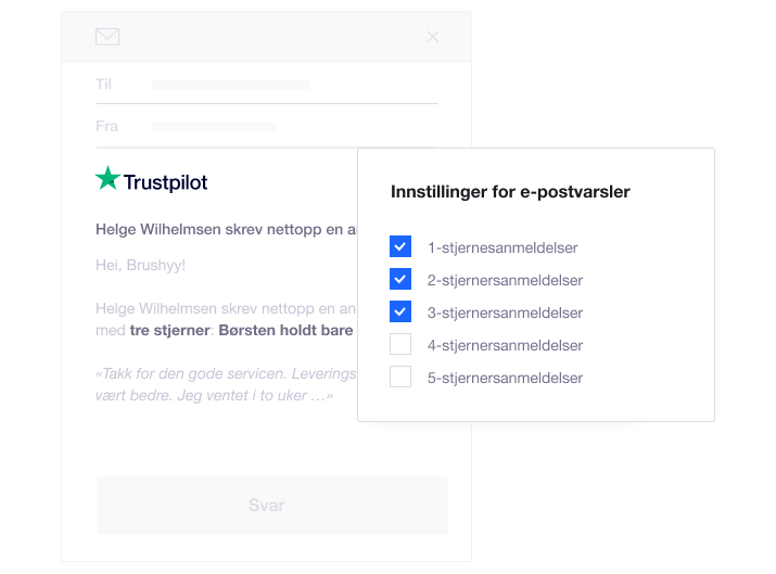 Product illustration of Trustpilot's review notification settings allowing companies to respond to particular consumer reviews instantly NO - Reply in real time