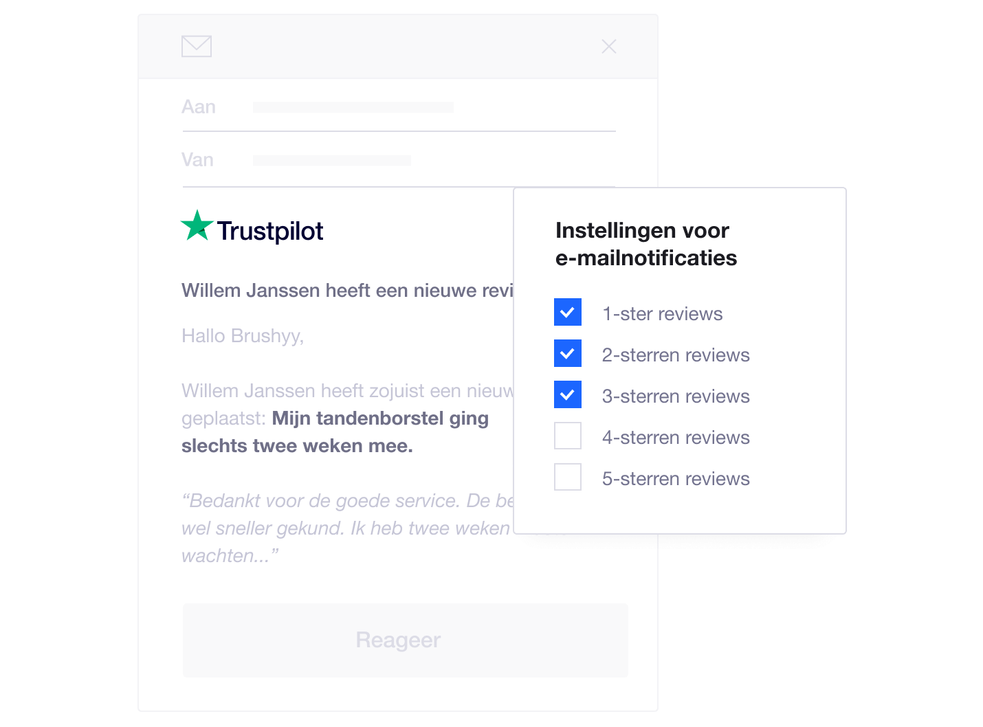 Product illustration of Trustpilot's review notification settings allowing companies to respond to particular consumer reviews instantly NL - Reply in real time