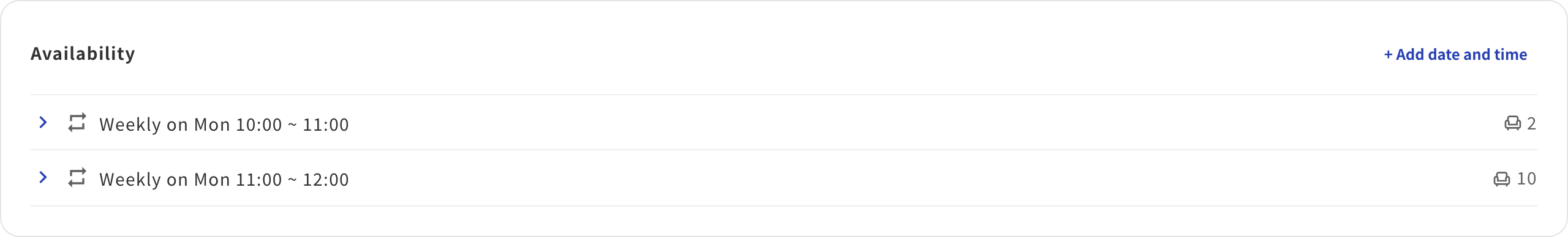 List view of the availability schedule
