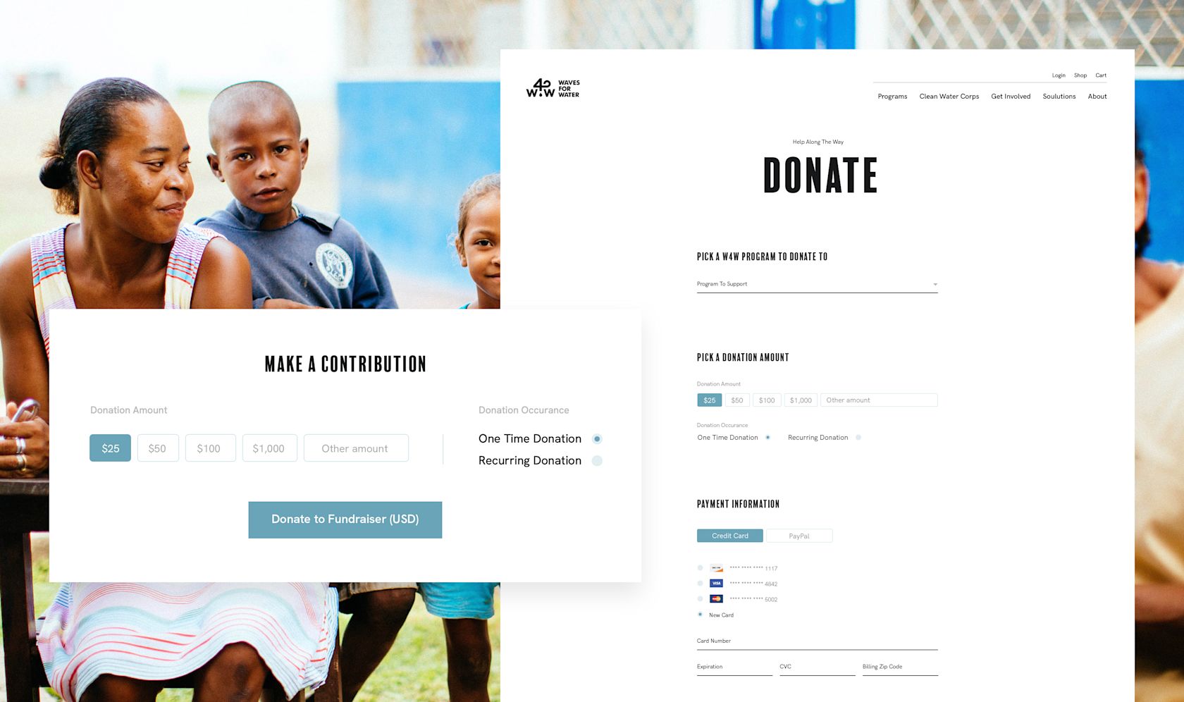 Waves for Water donation page designs
