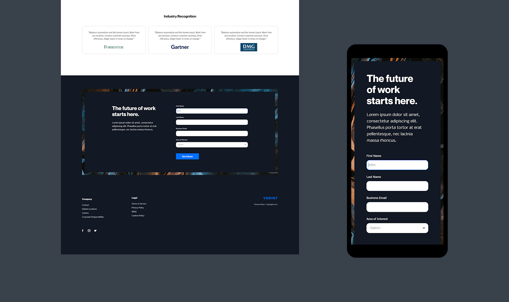 Verint website desktop and mobile contact form design