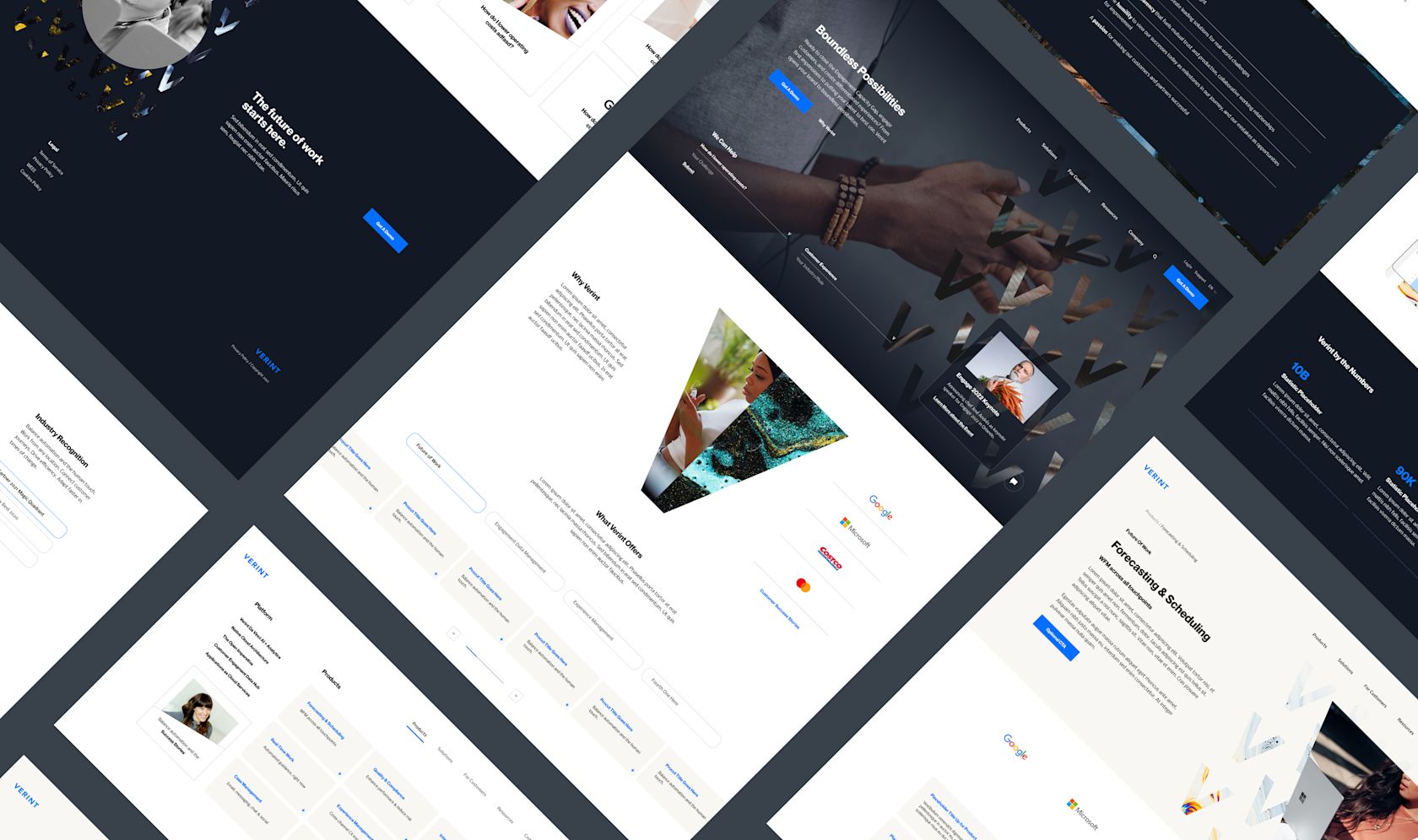 Diagonal collage of Verint page designs