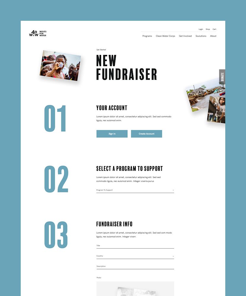 Waves for Water new fundraiser page design