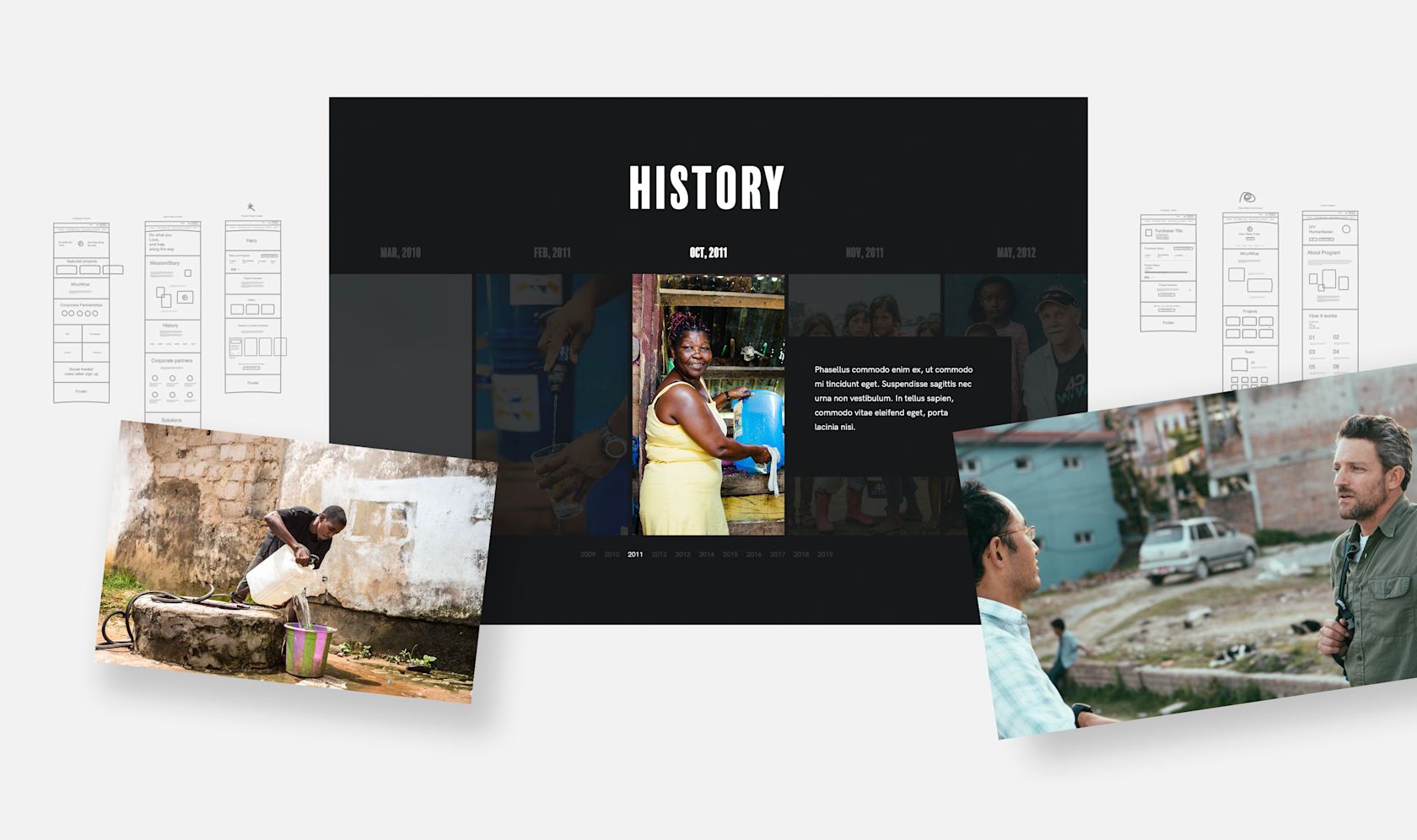 Waves for Water history section with scattered photos on top