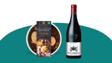 Co-op Irresistible Beef Bourguignon with Cheddar Dumplings and Famille Perrin Les Cardinaux