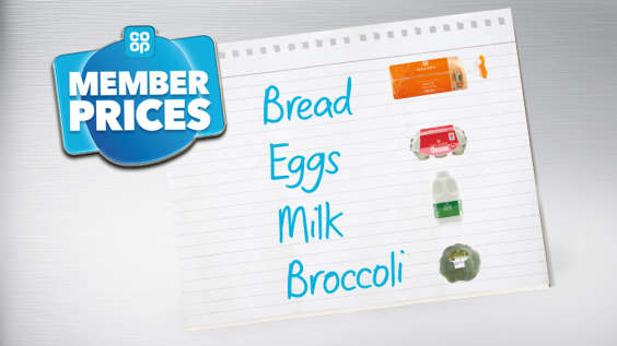 A paper shopping list of bread, eggs, milk and broccoli attached to a fridge with a Co-op Member Prices magnet.