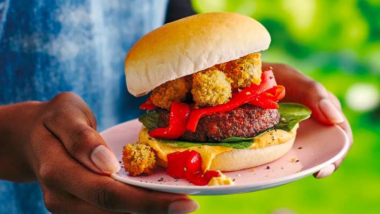 Make a winning combo: vegan GRO burgers and fried olives