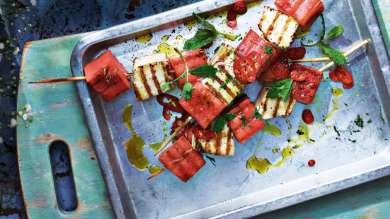 Spiced watermelon and halloumi skewers