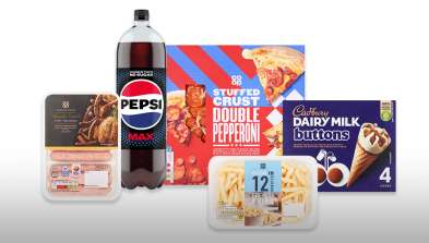 A range of branded and co-op own branded products against a gradient background. 