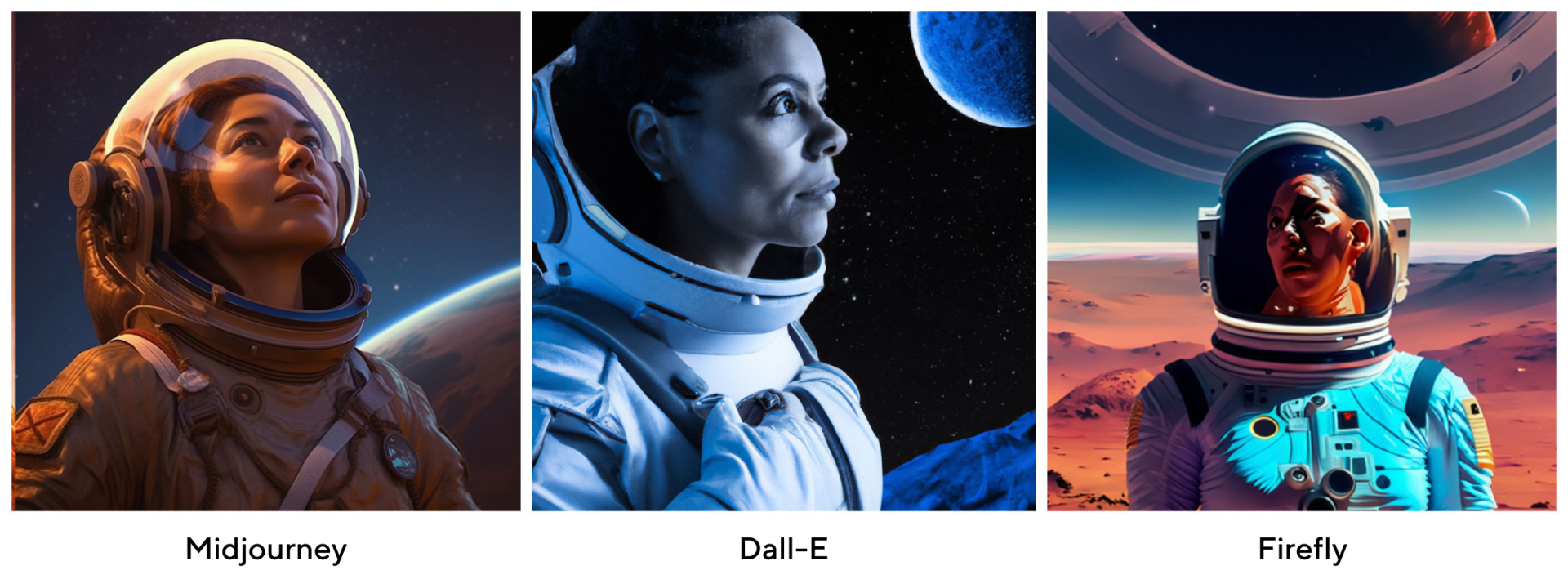 Prompt: Hispanic female astronaut in her 40s looking up onto the night sky on Mars, looking at a distant planet with two rings, cinematic, blue spacesuit
