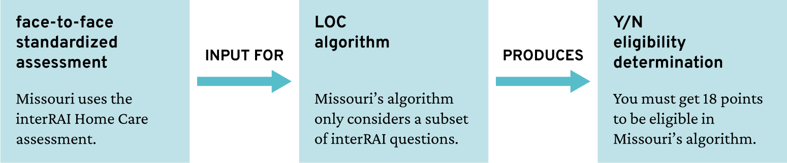 A diagram showing face-to-face standardized assessment as an input to LOC algorithm produces Yes/No eligibility determination.