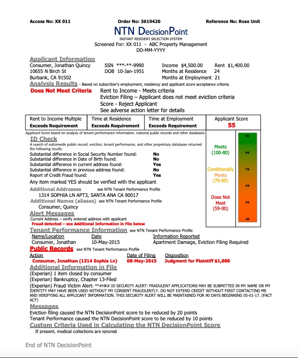 This figure shows National Tenant Network’s sample DecisionPoint tenant screening report. It shows a score range where a score of 59–00 “does not meet” the rental criteria, 79–60 “conditionally meets” the criteria, and 100–80 “meets” the criteria. The sample report shows an applicant score of 55 and explains that the applicant “does not meet criteria” because of an eviction “[j]udgment for [p]laintiff” for $1,000.