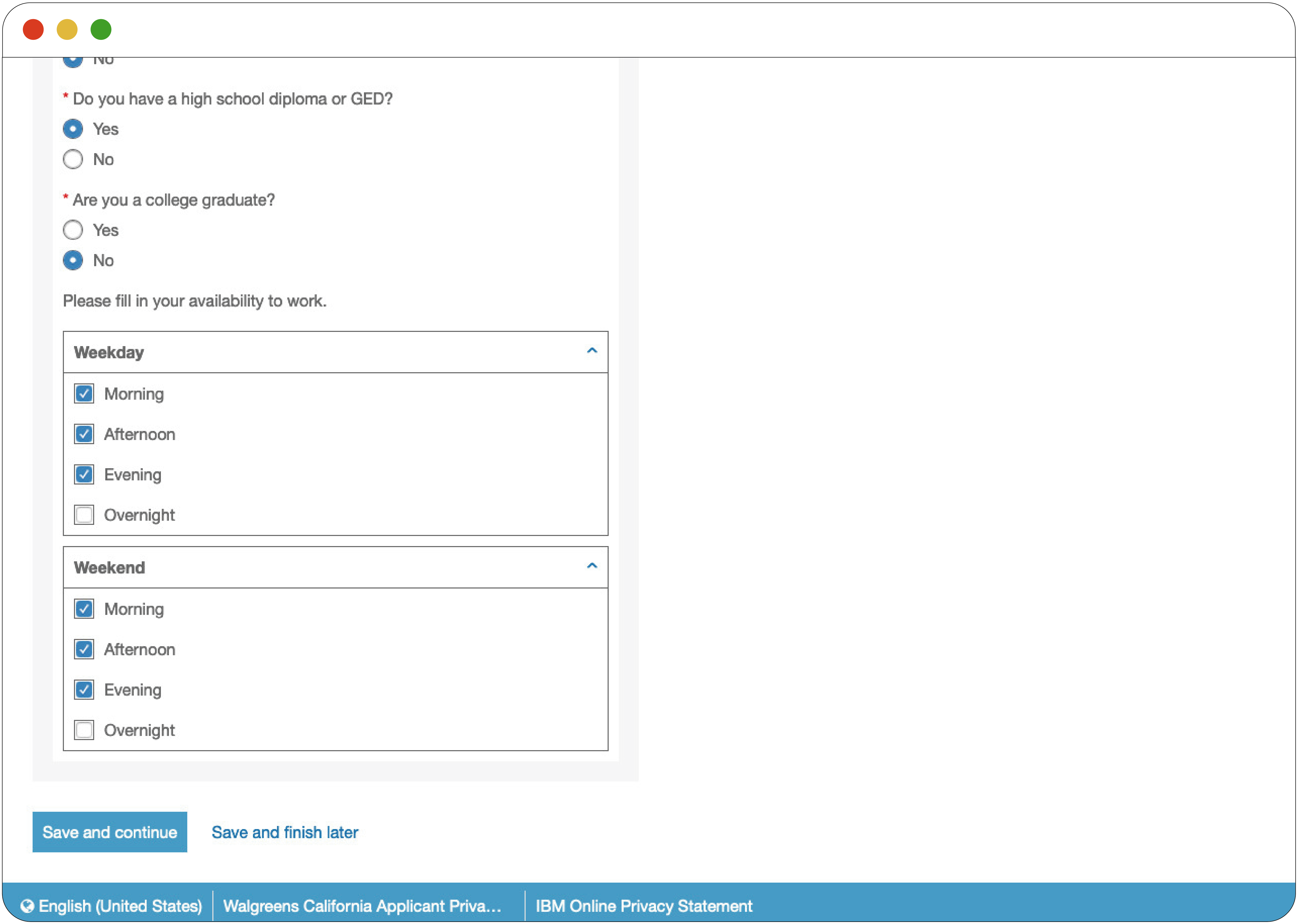 This figure shows a screenshot of Walgreens’ scheduling questions, with checkboxes to indicate availability in the morning, afternoon, evening, or overnight on either weekdays or weekends.