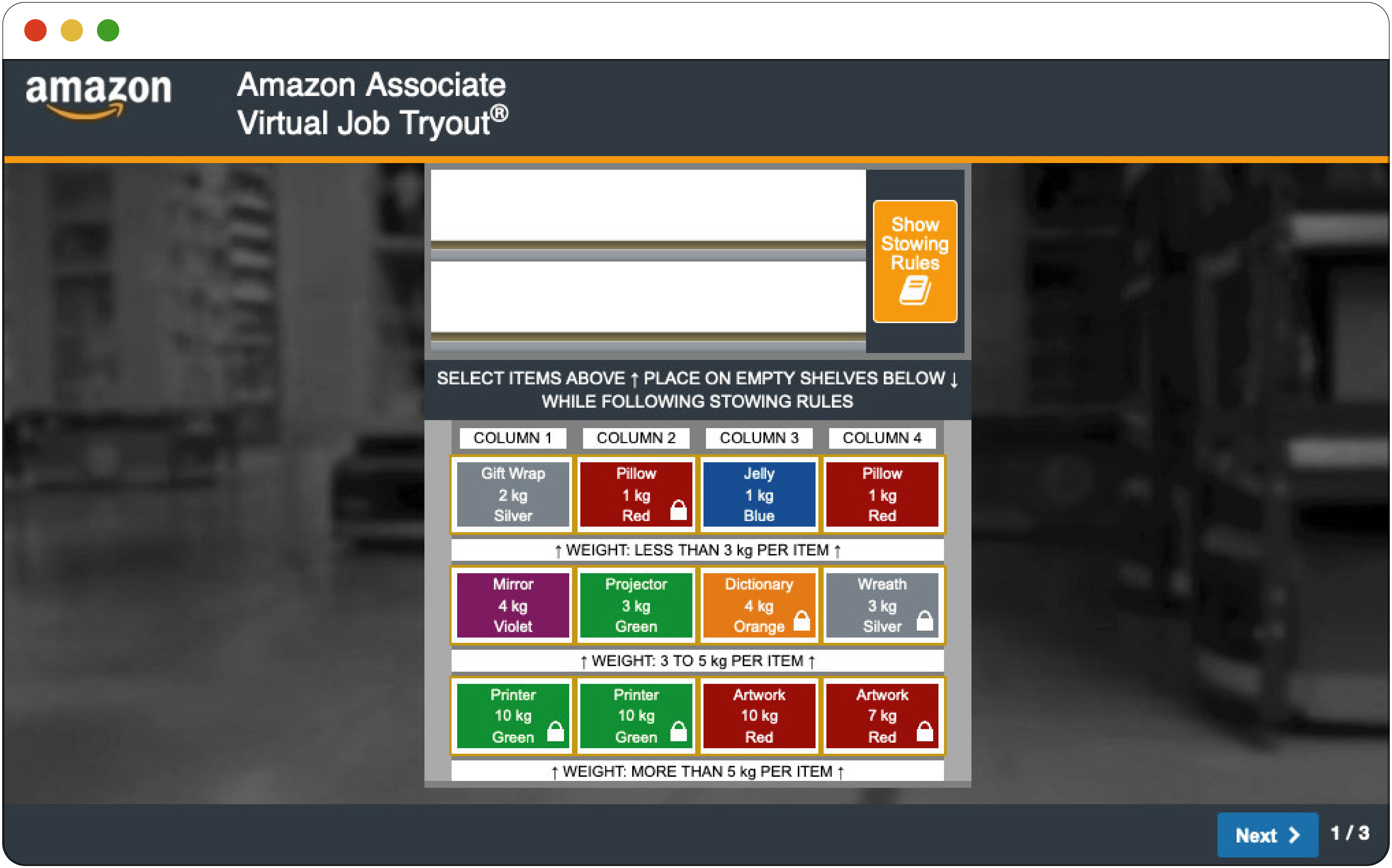 This figure shows an excerpt from Amazon’s “Stow Pro” assessment. It depicts three rows of “packages” of varying colors, with weights and items listed on them (e.g., “Projector; 3kg; Red.” The directions read “Select items above, place on empty shelves below, while following the stowing rules.” There is an orange icon titled “Stowing Rules” where candidates can access the rules to follow for the activity.