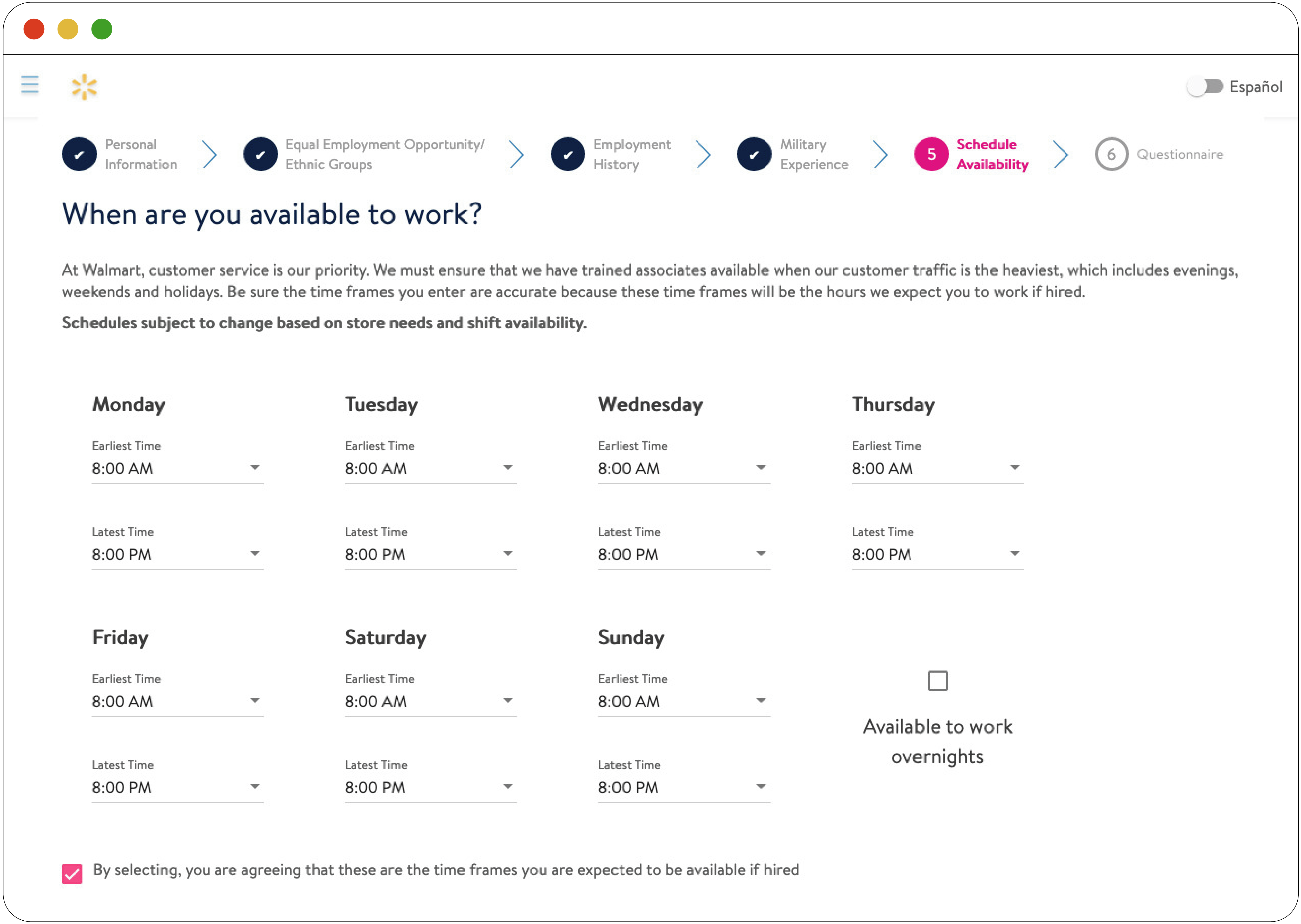 This figure shows a screenshot of Walmart’s scheduling questions for candidates, with options to select the earliest and latest time an applicant is available. There is also a checkbox to indicate availability to work overnight.