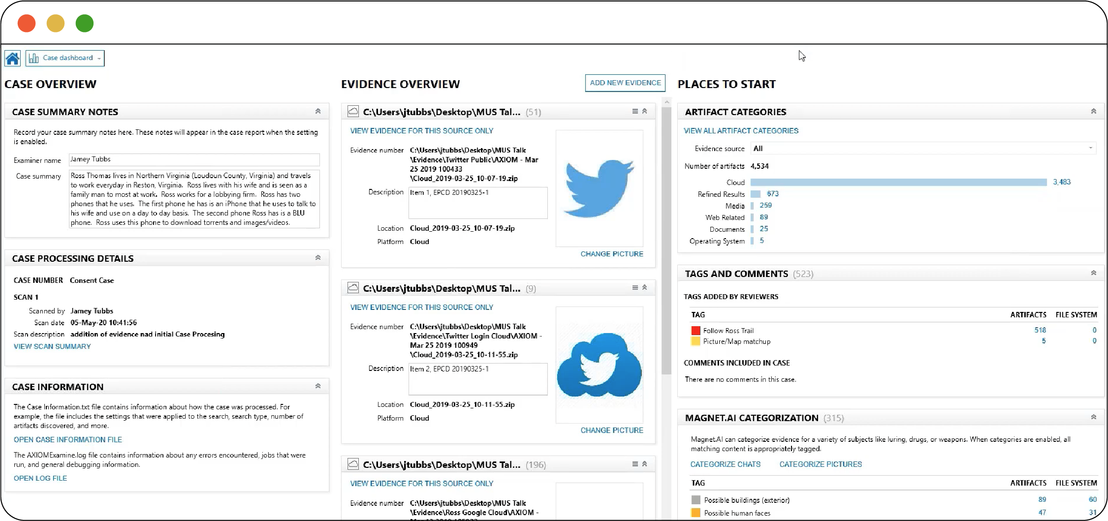 *__Figure 2.6__ shows the dashboard interface of Magnet AXIOM, showing access to Google and Twitter account data, along with other available data called “artifacts.” There are also options to search by image content (“Magnet.AI Categorization”) as well as “Keyword Matches” and “Passwords and Tokens.”*
