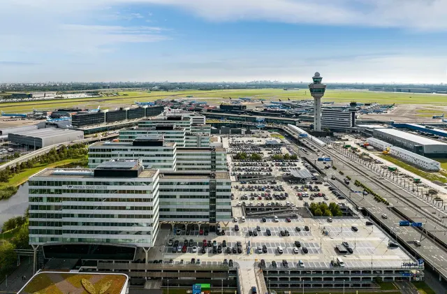 WTC Schiphol Airport drone shot with parking lot