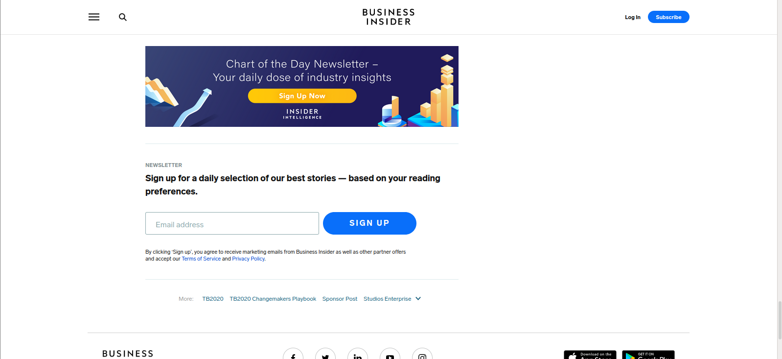 Business Insider's end of article CTA is a newsletter, taking the context into consideration