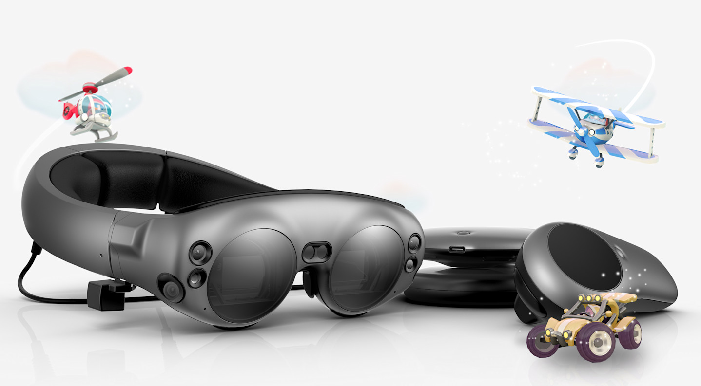 Magic Leap One Creator Edition on a surface with 3D illustrations of a helicopter, plane and a buggy