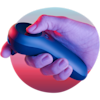 Hand holding Magic Leap One's Control device lit by neon lights in a sphere