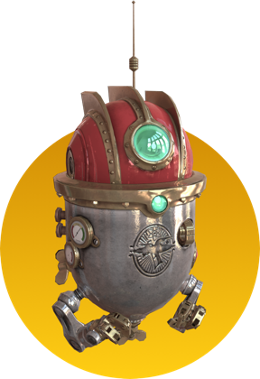 Little 3D robot in a yellow sphere