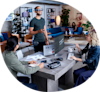 Four people in an modern office, one man using Magic Leap One