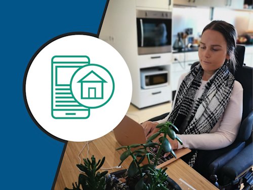 Picture of someone using a laptop, housing provider icon in green on a white circle