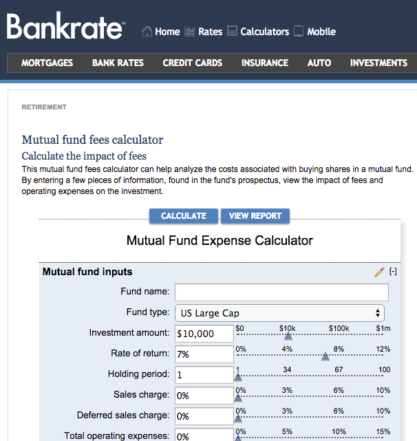 Bankrate Mutual Fund Expense Calculator