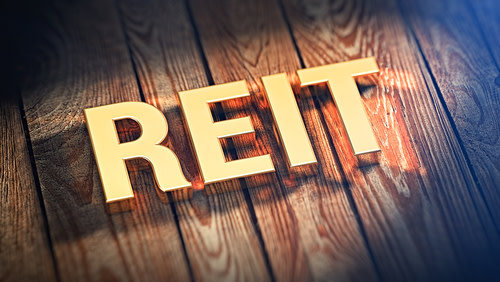 The acronym "REIT" in gold lettering