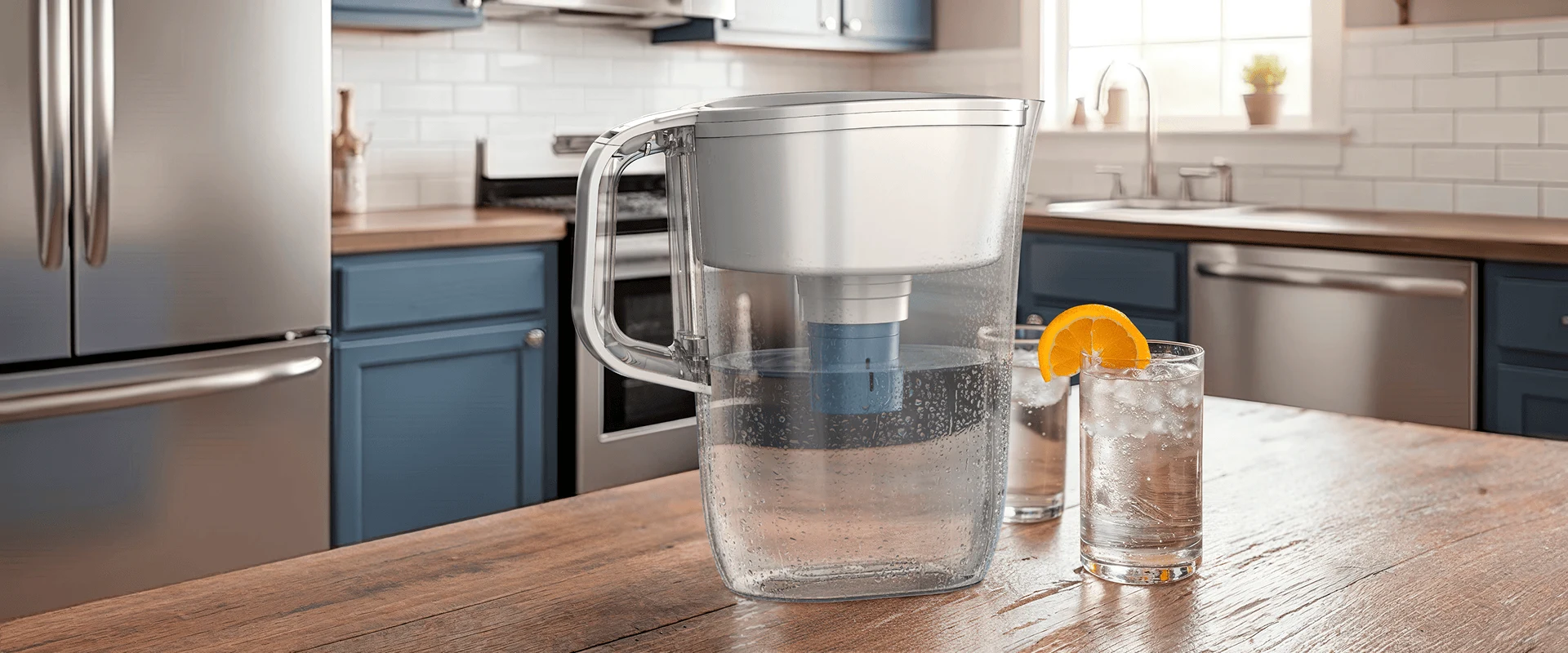 Brita Tahoe Elite Pitcher on kitchen island with water glasses and orange slice.