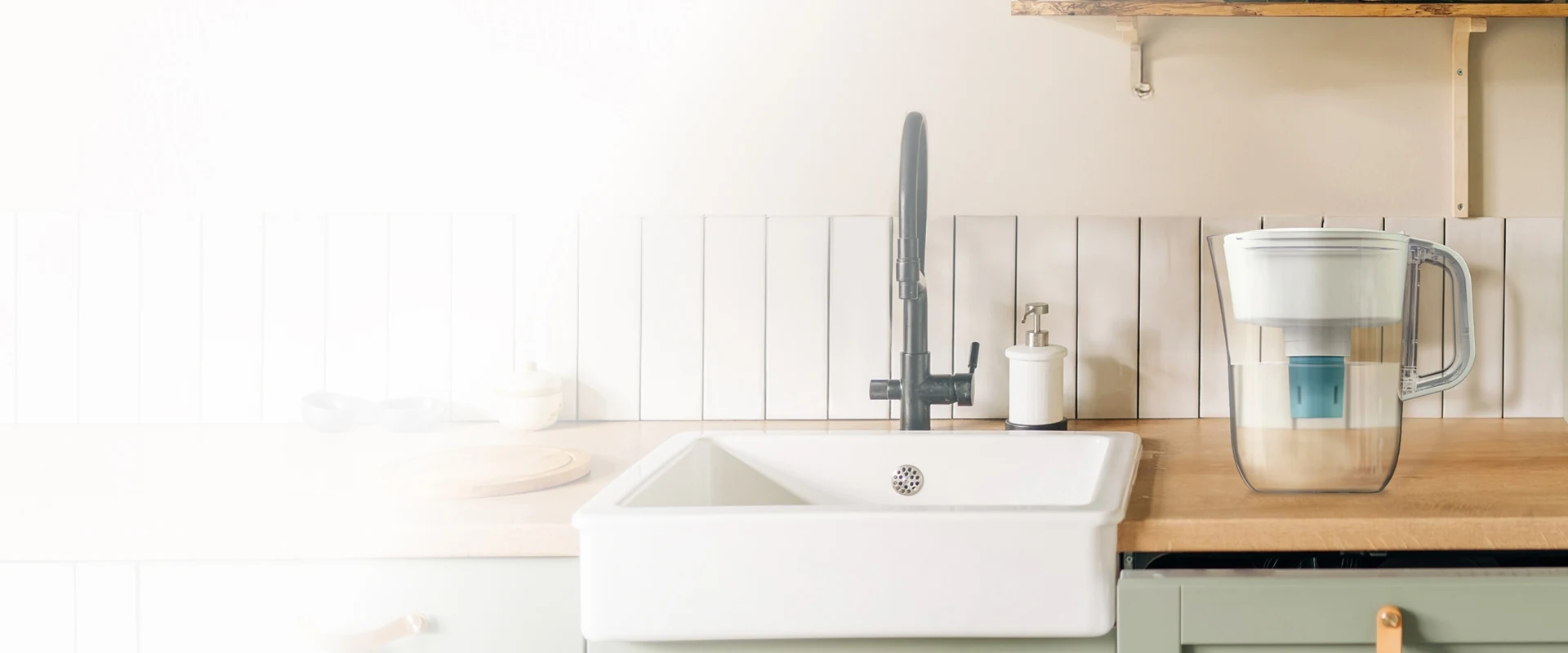Brita Tahoe Elite Pitcher on kitchen counter next to sink.