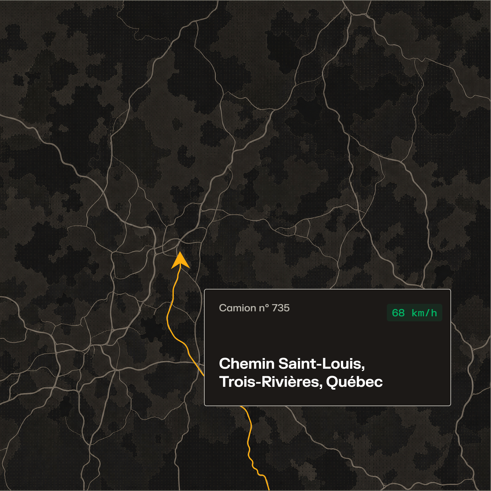 Carte sombre montrant le camion n° 735 à 68 km/h sur le chemin Saint-Louis, Trois-Rivières, Québec.