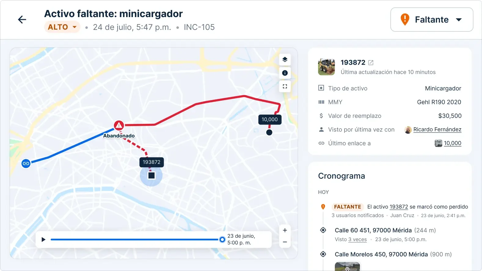 Interfaz de seguimiento de minicargador Gehl R190 marcado como faltante, con mapa de ruta y detalles del activo.